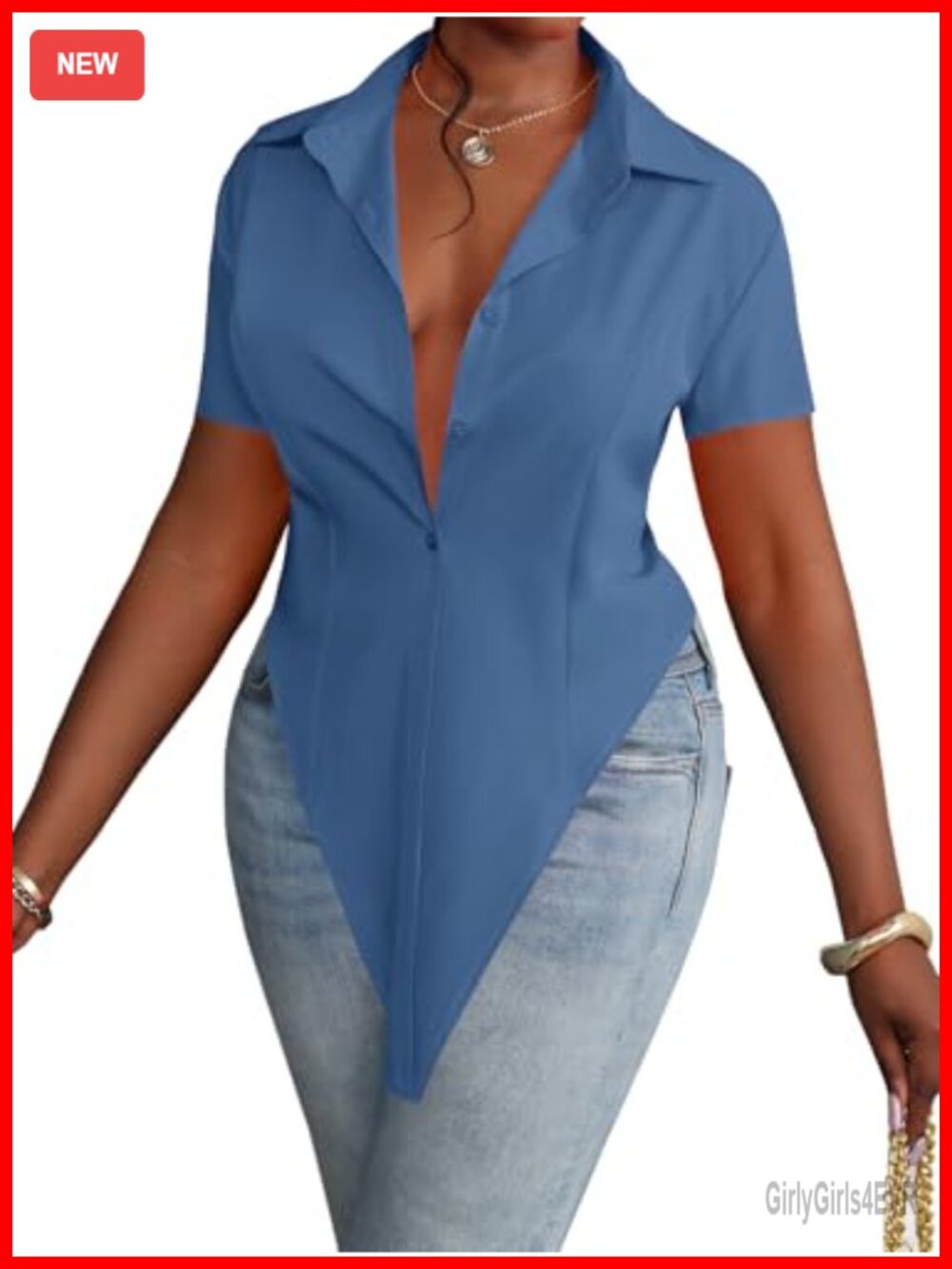 Women's Collar V Neck Button Down Tunic Top Short Sleeve Split Hem Blouse
